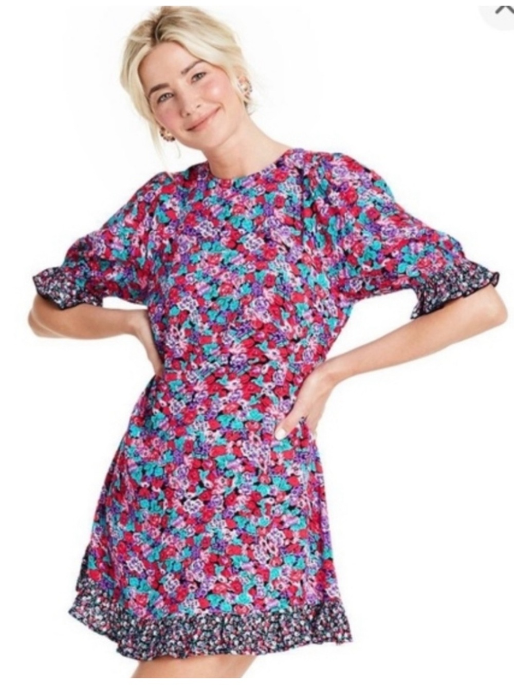 RIXO for Target Fuchsia Multi Floral Puff-Sleeve Mini Dress NWT SZ 16